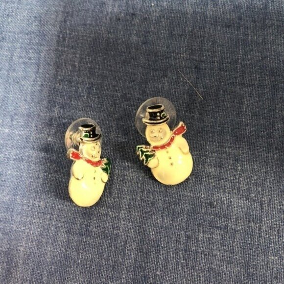 Vintage Snowman Brooch & Earrings Set With Red Scarf & Top Hat Christmas Jewelry - Picture 7 of 9